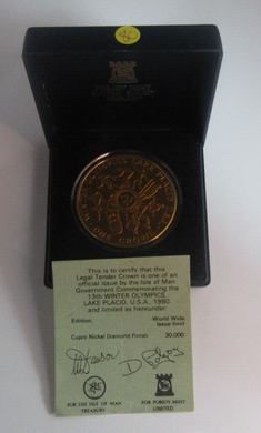 1980 Winter Olympics Lake Placid Proof-Like 1 Crown Coin Isle of Man Boxed + COA