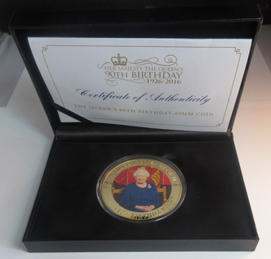 2016 Queen Elizabeth II 90th Birthday 65mm Coloured Niue Proof $2 Coin Boxed/COA