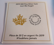 Load image into Gallery viewer, 2019 ROYAL CANADIAN MINT QEII LEST WE FORGET $20 FINE SILVER COIN BOX &amp; COA
