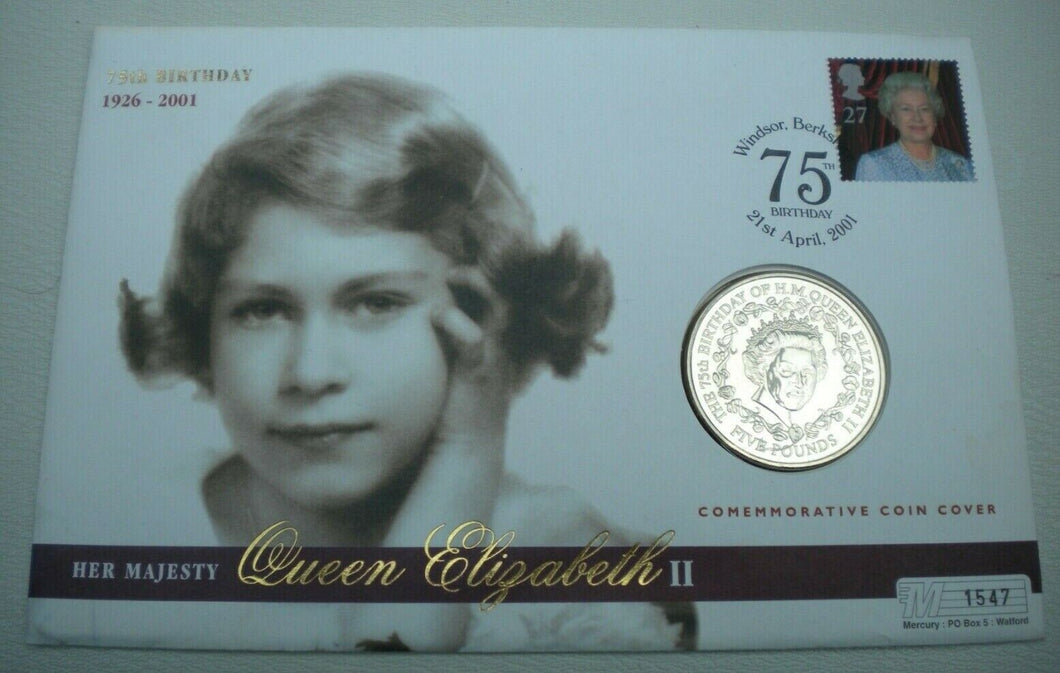 1926-2001 75TH BIRTHDAY HER MAJESTY QUEEN ELIZABETH II  £5 CROWN COIN COVER PNC