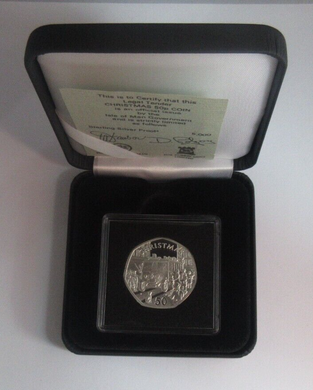 1987 Christmas Douglas Tour Bus Isle of Man Silver Proof 50p Coin Box &COA