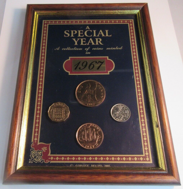 1967 FRAMED COINS A SPECIAL YEAR A COLLECTION OF COINS MINTED IN 1967