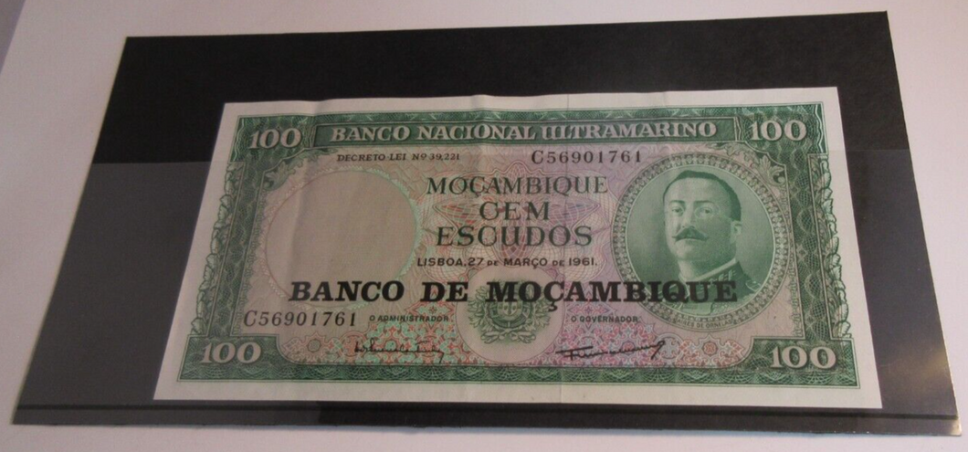 BANK OF MOZAMBIQUE 100 ESCUDOS BANKNOTE WITH NOTE HOLDER