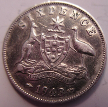 Load image into Gallery viewer, KING GEORGE VI 6d SIXPENCE COIN .925 SILVER 1943D AUSTRALIA AUNC IN CLEAR FLIP

