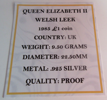 Load image into Gallery viewer, 1985 £1 QUEEN ELIZABETH II WELSH LEEK SILVER PROOF ONE POUND COIN BOX &amp; COA
