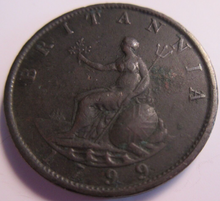 Load image into Gallery viewer, KING GEORGE III HALF PENNY 1799 VF-EF BRONZE PLAIN HULL IN PROTECTIVE CLEAR FLIP
