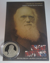 Load image into Gallery viewer, 2006 Charles Darwin Great Britons Silver Proof Jersey £5 Coin + COA
