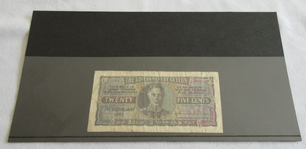 CEYLON BANKNOTE GOVERNMENT OF CEYLON TWENTY FIVE CENTS BANKNOTE WITH NOTE HOLDER
