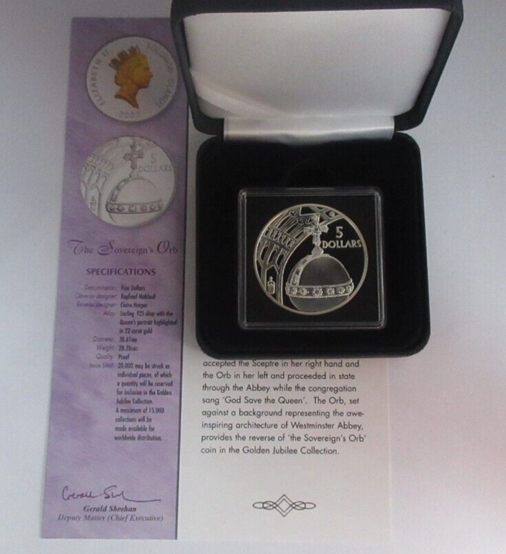 2002 Sovereign's Orb Golden Jubilee 1oz Silver Proof $5 Solomon Isle Coin BoxCOA