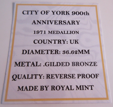 Load image into Gallery viewer, 1971 CITY OF YORK 900TH ANNIVERSARY BRONZE GUILDED PROOF MEDAL BOXED
