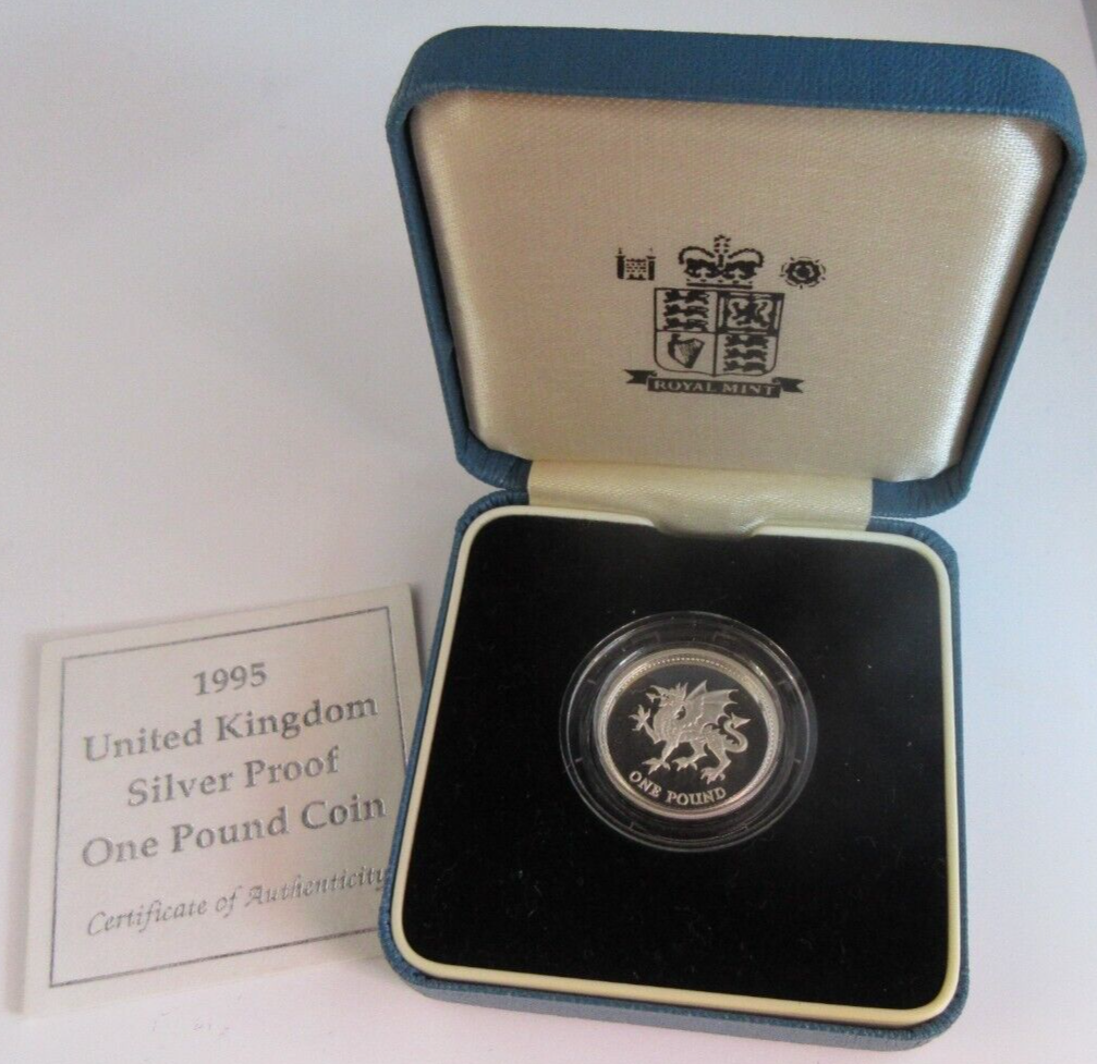 1995 WELSH DRAGON SILVER PROOF £1 ONE POUND COIN ROYAL MINT BOX & COA