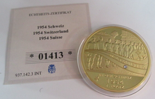 Load image into Gallery viewer, GERMANY AT THE SOCCER WORLD CUP IN SWITZERLAND 1954 GOLD PLATED PROOF MEDAL/COA

