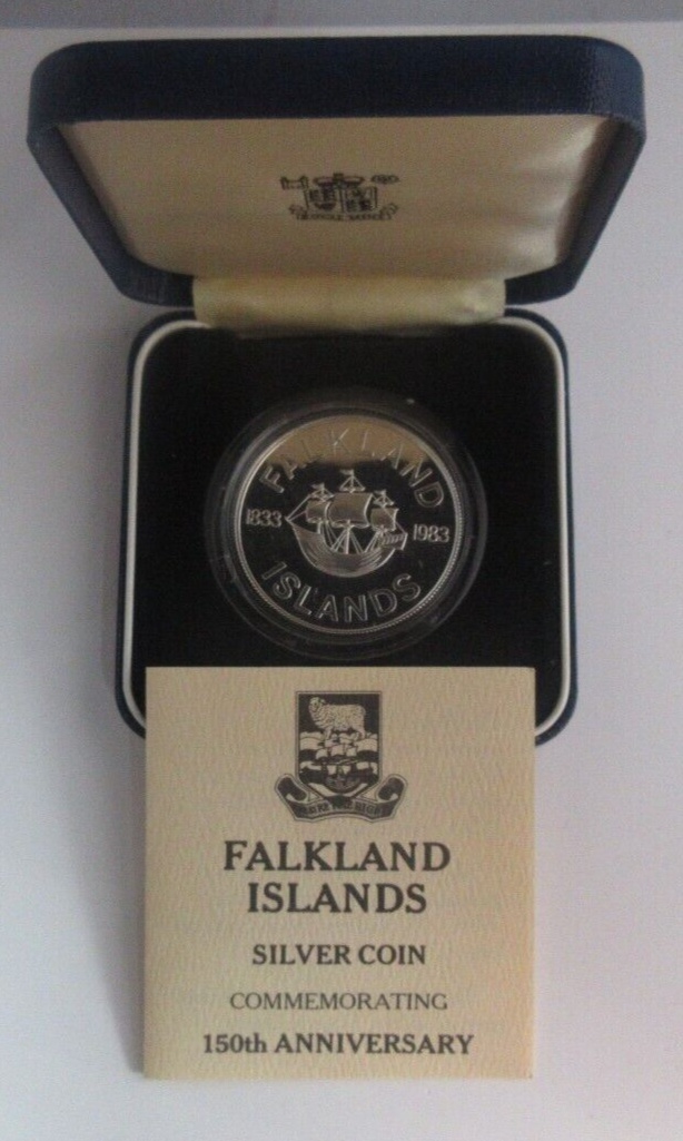 1983 Falkland Islands 150th Anniversary Silver Proof 50p Crown Coin Box/COA