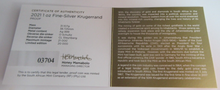 Load image into Gallery viewer, 2021 KRUGERRAND 1OZ FINE .999 SILVER PROOF SOUTH AFRICA MINT BOX &amp; COA
