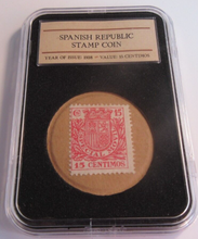 Load image into Gallery viewer, 1938 SPANISH REPUBLIC STAMP COIN SPANISH CIVIL WAR EMERGENCY MONEY BOX &amp; COA
