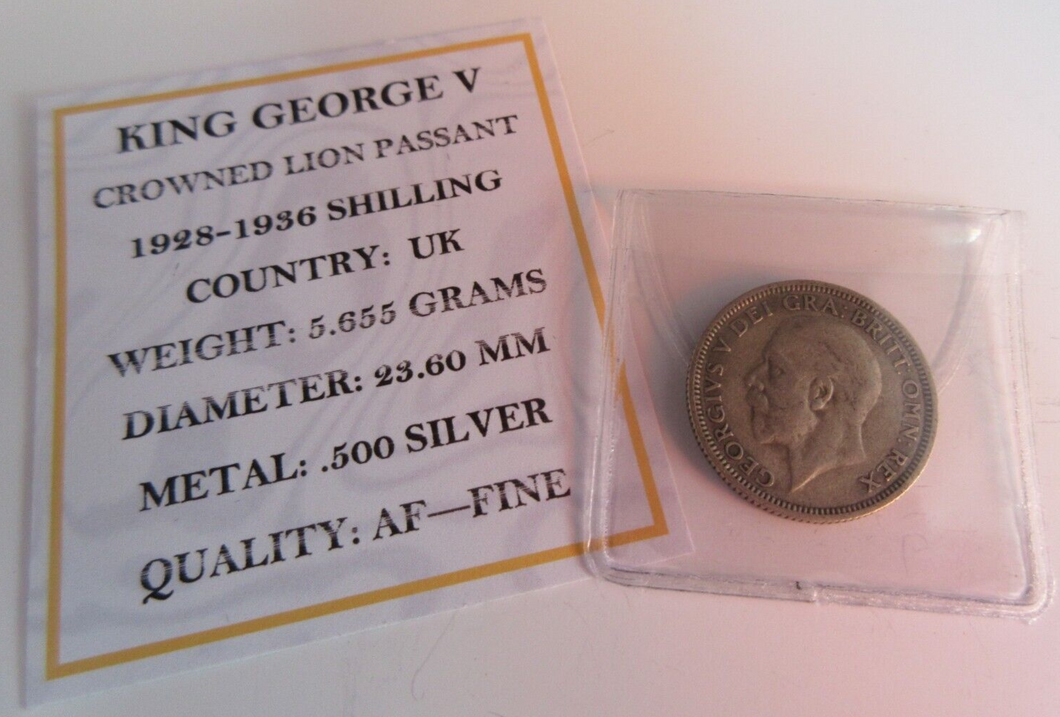 1932 KING GEORGE V  .500 SILVER ENG 1 X ONE SHILLING COIN IN CLEAR FLIP WITH COA