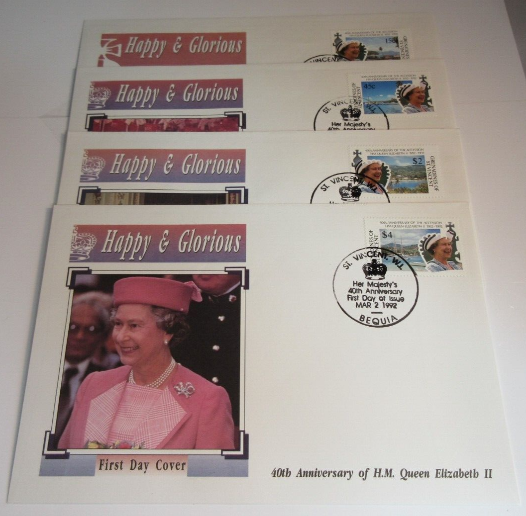 QUEEN ELIZABETH II HAPPY & GLORIOUS 40th ANNIVER 4 FIRST DAY COVERS - GSTVINCENT