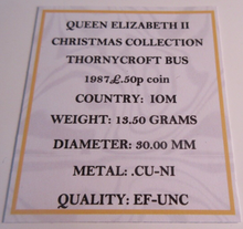 Load image into Gallery viewer, 1987 QEII CHRISTMAS COLLECTION THORNEYCROFT BUS EF-UNC FIFTY PENCE COIN BOX &amp;COA
