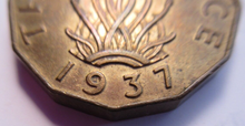 Load image into Gallery viewer, KING GEORGE VI THREE PENCE 1937 BRASS EF+ COIN WITH CLEAR FLIP
