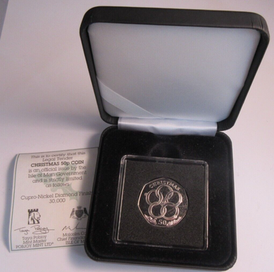 2009 QEII CHRISTMAS COLLECTION IOM PM MARK DIAMOND FINISH 50P COIN BOX & COA