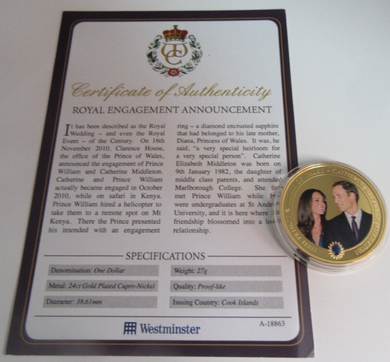 2011 ROYAL ENGAGEMENT ANNOUNCEMENT GOLD PLATED COOK ISLANDS  $1 COIN/COA
