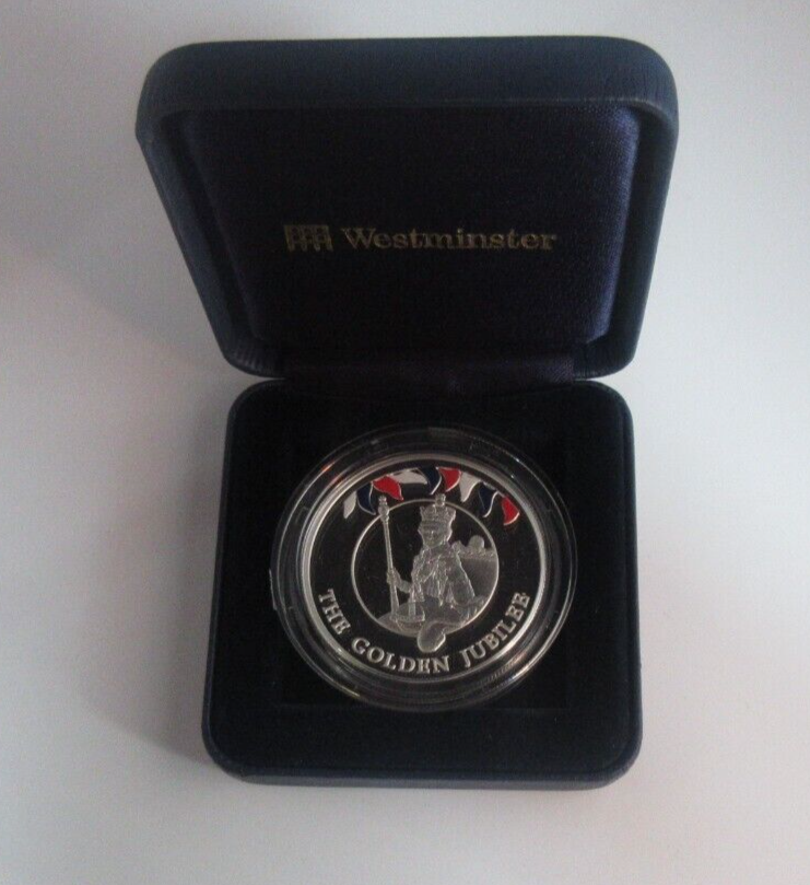 2002 Golden Jubilee Silver Proof Piedfort 50p Crown Coin Falkland Island Box/COA