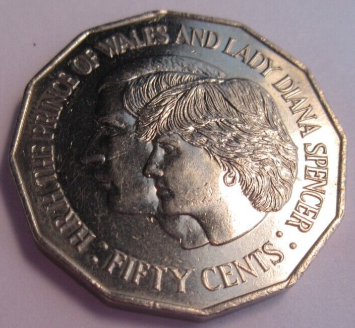 1981 AUSTRALIA PRINCE OF WALES & LADY DIANA SPENCER UNC 50 CENTS COIN IN FLIP