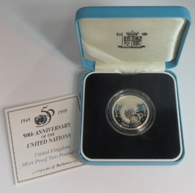1945-1995 50TH ANNIVERSARY OF THE UNITED NATIONS UK SILVER PROOF £2 COIN & COA