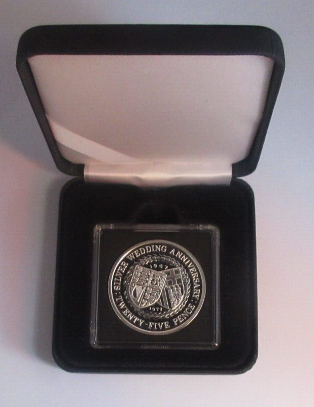 1972 Silver Wedding Anniversary Isle of Man Silver Proof 25p Crown Coin Box &COA