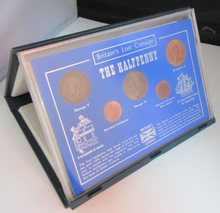 Load image into Gallery viewer, BRITAINS LOST COINAGE THE HALFPENNY UK 5 COIN SET &amp; ROYAL MINT BLUE BOOK
