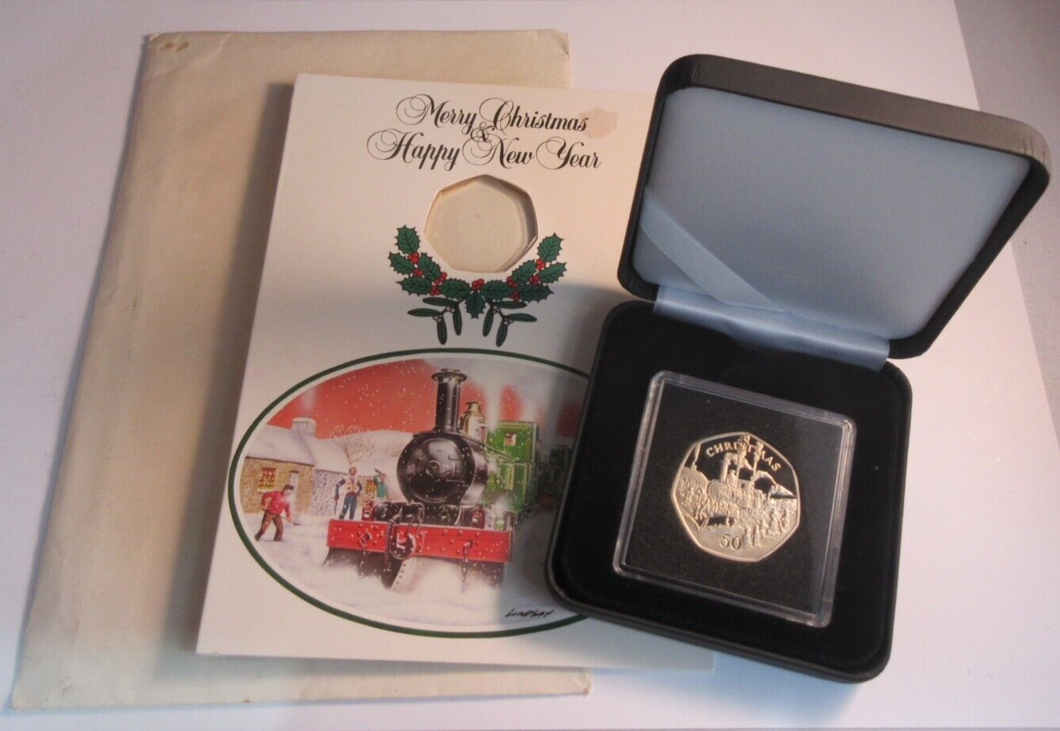 1984 QEII CHRISTMAS COLLECTION IOM BB MARK DIAMOND FINISH 50P COIN CARD & BOX