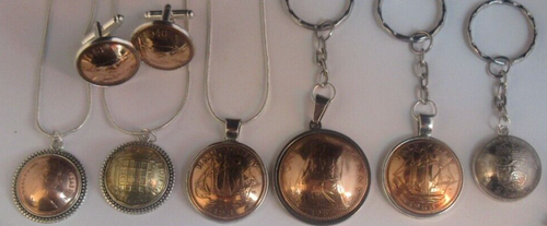 Coin Crafts Domed Necklaces, Key Chains & Cufflinks Old UK Coins Farthing, Penny