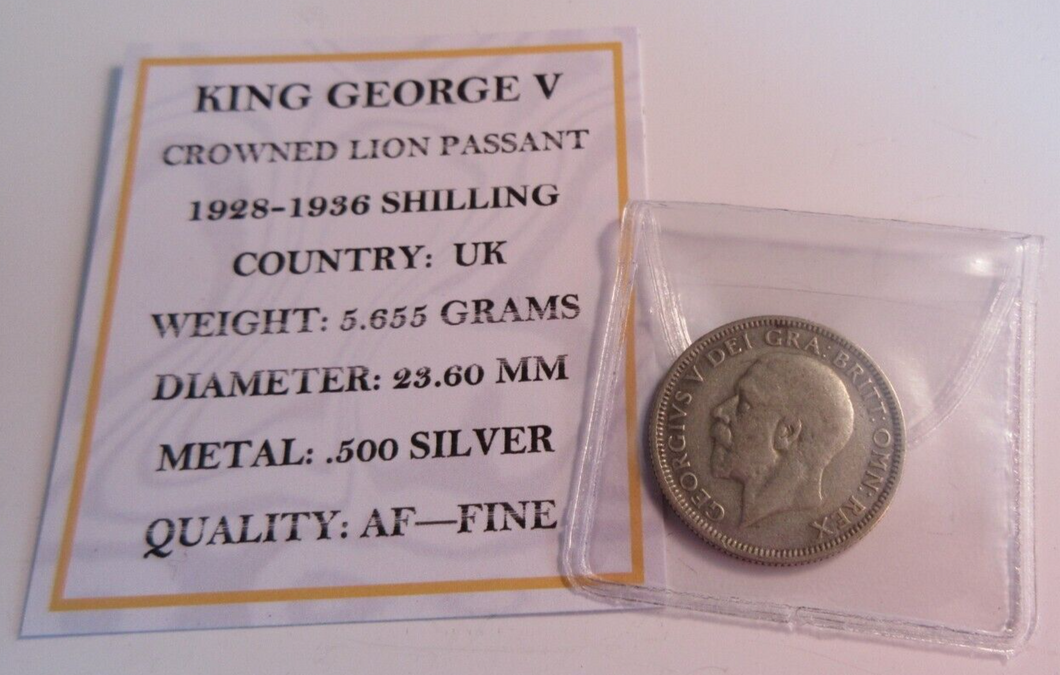 1931 KING GEORGE V  .500 SILVER ENG 1 X ONE SHILLING COIN IN CLEAR FLIP WITH COA