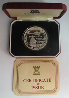 1976 CONCORDE THE FIRST SCHEDULED PASSENGER SERVICE SILVER PROOF MEDAL BOX & COA