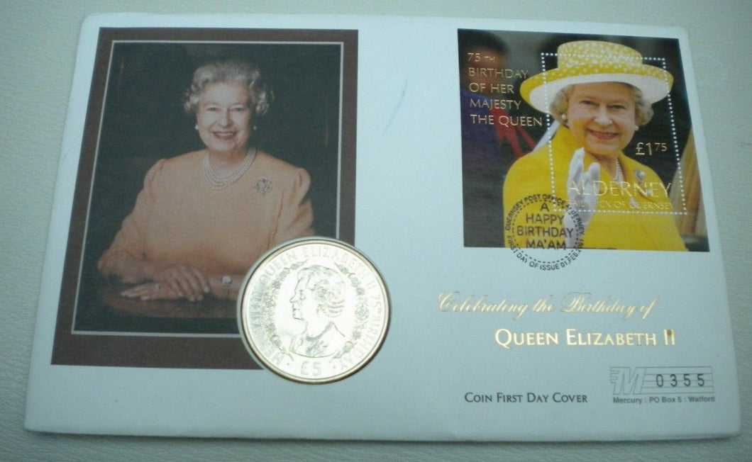1926-2001 75TH BIRTHDAY HER MAJESTY QUEEN ELIZABETH II  £5 CROWN COIN COVER PNC