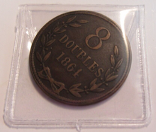 Load image into Gallery viewer, 1864 GUERNSEY 8 DOUBLES COIN VF-EF  PRESENTED IN A PROTECTIVE CLEAR FLIP
