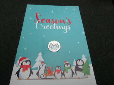 2017Christmas penguins 50p Coin - Cupro Nickel Coloured Diamond Finish in a Card