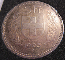 Load image into Gallery viewer, CONFOEDERATIO HELVETICA 5 FRANC SWITZERLAND .900 SILVER 1923 UNC WITH EDGENICS

