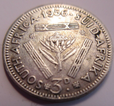 QUEEN ELIZABETH II 3d .500 SILVER THREEPENCE COIN 1956 SOUTH AFRICA & FLIP