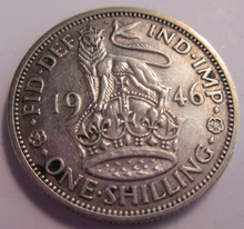 Load image into Gallery viewer, 1946 KING GEORGE VI BARE HEAD .500 SILVER EF ONE SHILLING COIN &amp; CLEAR FLIP
