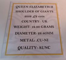 Load image into Gallery viewer, 2008 SHOULDERS OF GIANTS £2 COIN AUNC PRESENTED IN QUAD CAPSULE WITH COA
