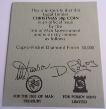 Load image into Gallery viewer, 1985 QEII CHRISTMAS COLLECTION IOM BB MARK DIAMOND FINISH 50P COIN CARD BOX &amp;COA
