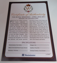 Load image into Gallery viewer, 2011 ROYAL WEDDING WAVING ON THE BALCONY GOLD PLATED COOK ISLANDS  $1 COIN/COA
