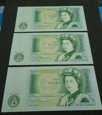 Bank of England SOMERSET UNC One Pound 3x £1 Banknotes  Consecutive Numbers DU71