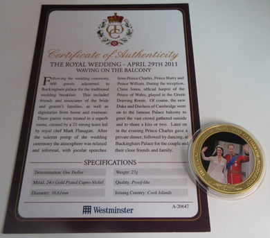 2011 ROYAL WEDDING WAVING ON THE BALCONY GOLD PLATED COOK ISLANDS  $1 COIN/COA