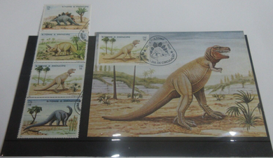 Dinosaurs 4 x Stamps + Postcard T- Rex, Stegosaurus + More S. Tome E Principe