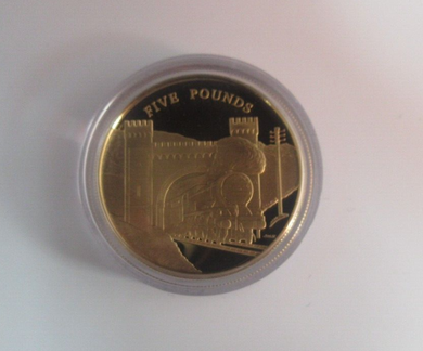 Train Spotting The Golden Steam Age Silver Proof Gold Plated Jersey £5 Coin