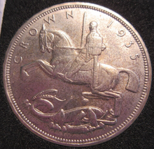 Load image into Gallery viewer, 1935 KING GEORGE V ROCKING HORSE .500 SILVER ONE CROWN COIN AUNC CAPSULE &amp; BOX
