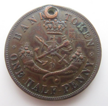 Load image into Gallery viewer, Bank of Upper Canada 1852 Token Half Penny VF+ In Flip With Necklace Hole
