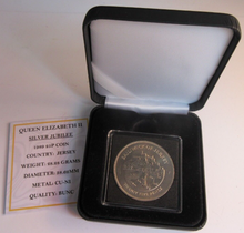 Load image into Gallery viewer, 1952-1977 QUEEN ELIZABETH II BAILIWICK OF JERSEY 25 PENCE CROWN COIN BOX &amp; COA

